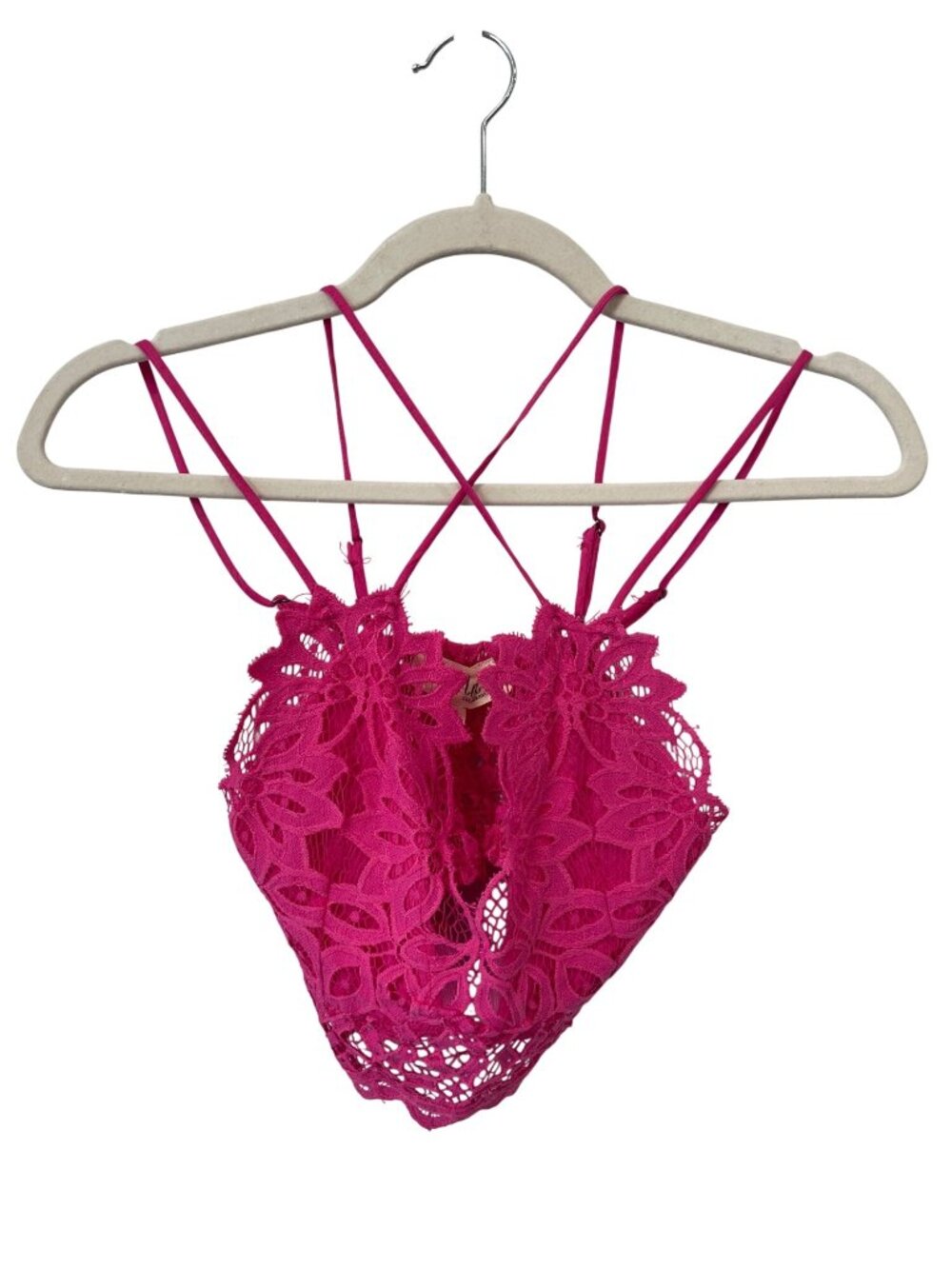 Peach Love California Bralette Small Lace Floral Crochet Top Bright Pink Strappy